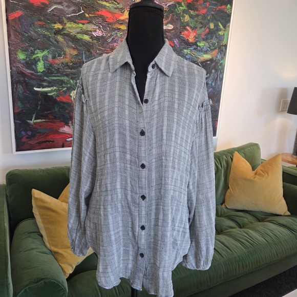 Free People Headed to the Highlands Boho Button-Down Gray Blouse Top, Medium - Picture 2 of 9